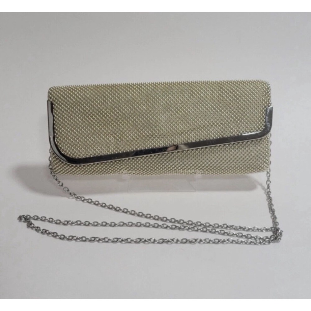 Vintage Jessica McClintock Clutch shoulder bag beaded with shoulder chain Silver